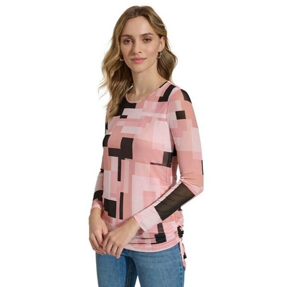 Calvin Klein Women's Printed Mesh Long Sleeve Top ruched and tied sides S - Picture 3 of 8